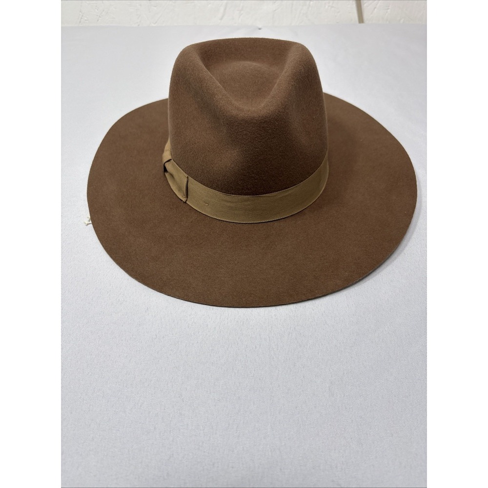 Wool Felt Wide‎ Brim Fedora Hat OS Brown Flat Crown Ribbon Band